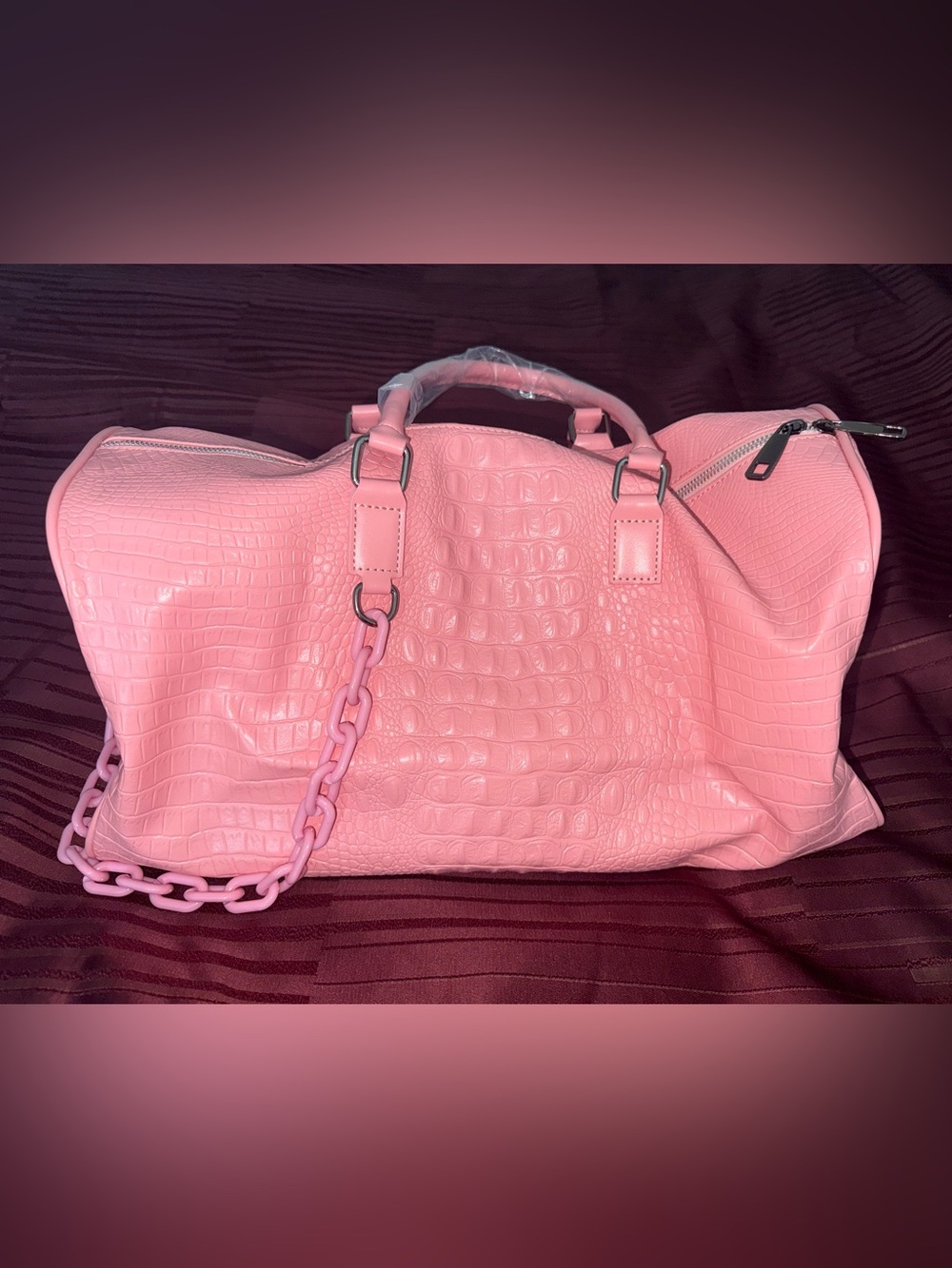Privata Croc-Embossed Pink Duffle Bag with Chain Accent